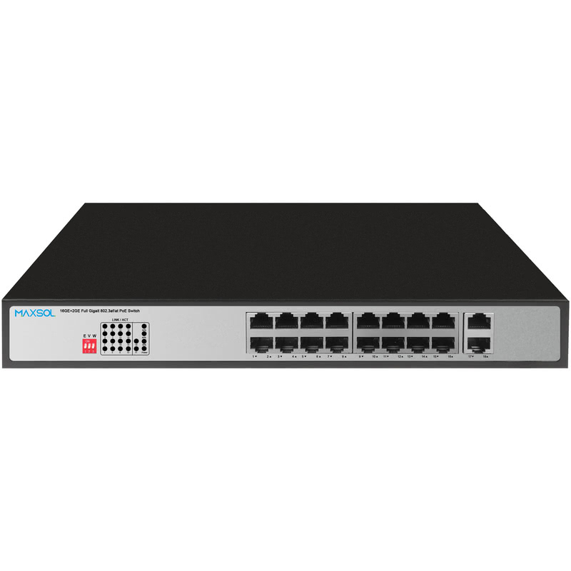مبدّل Gigabit PoE+ بـ 16 منفذًا، 300W، و2 من منافذ الربط الصاعد